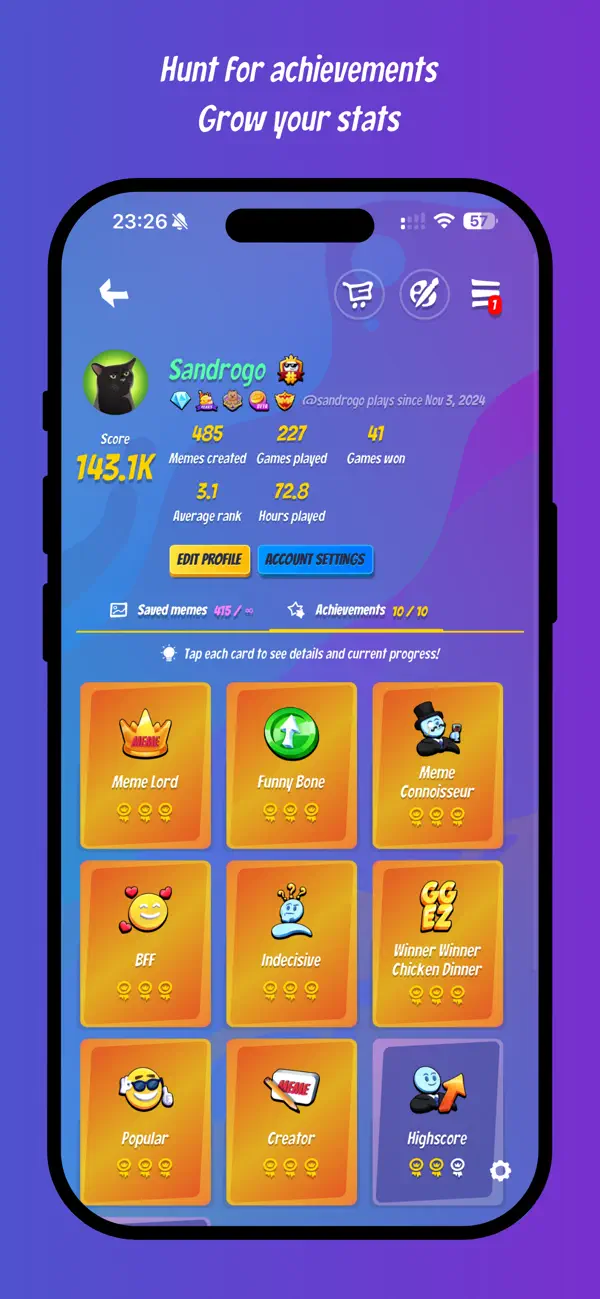 Player profile with stats and achievements in the Make it Meme app