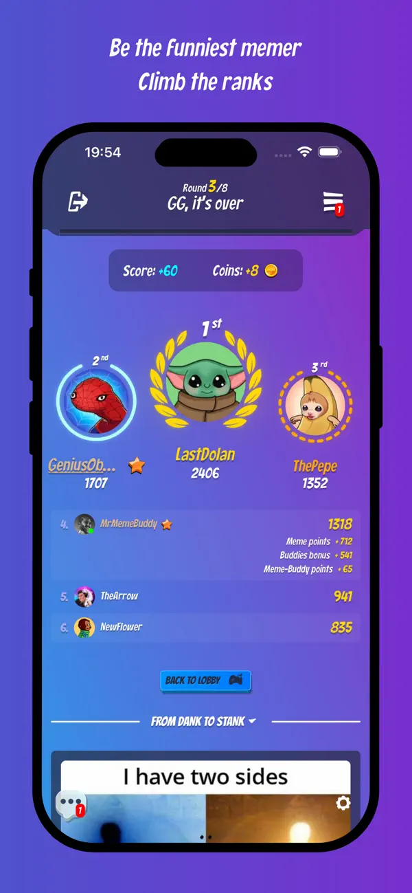 End of game leaderboard with player scores in Make it Meme