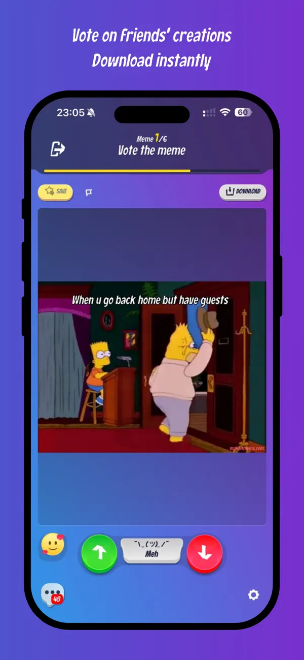 Voting on a friend's meme in the Make it Meme app